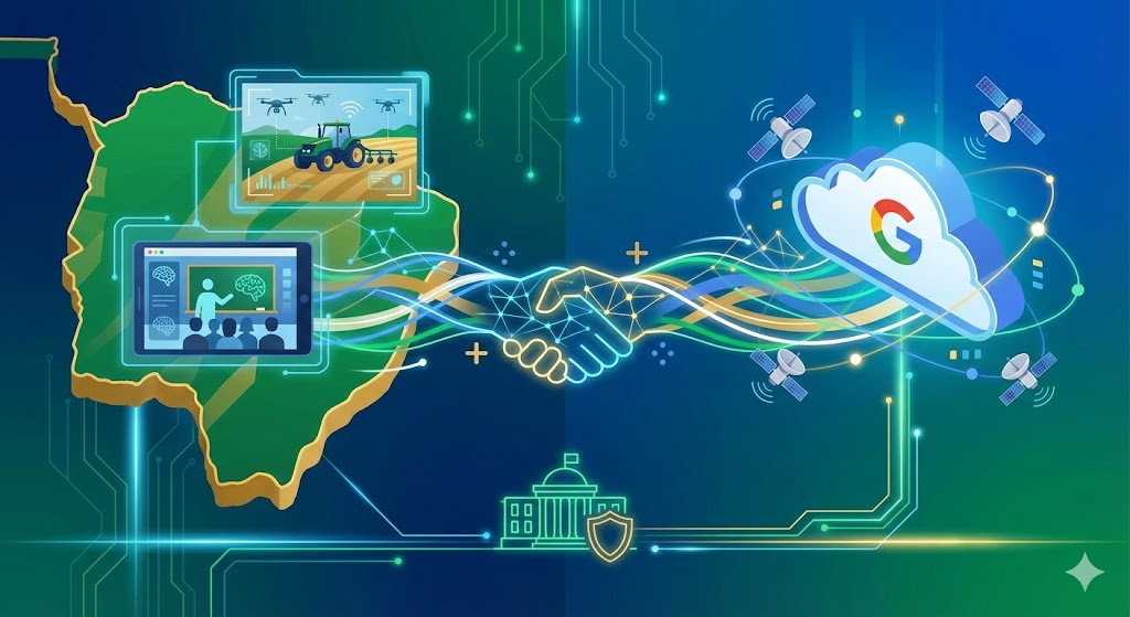 Imagem gerada por Inteligência Artificial, com a representação de com mãos se cumprimentando, uma delaa saindo do mapa do Estado de Mato Grosso do Sul e, a outra, da logomarca do Google.