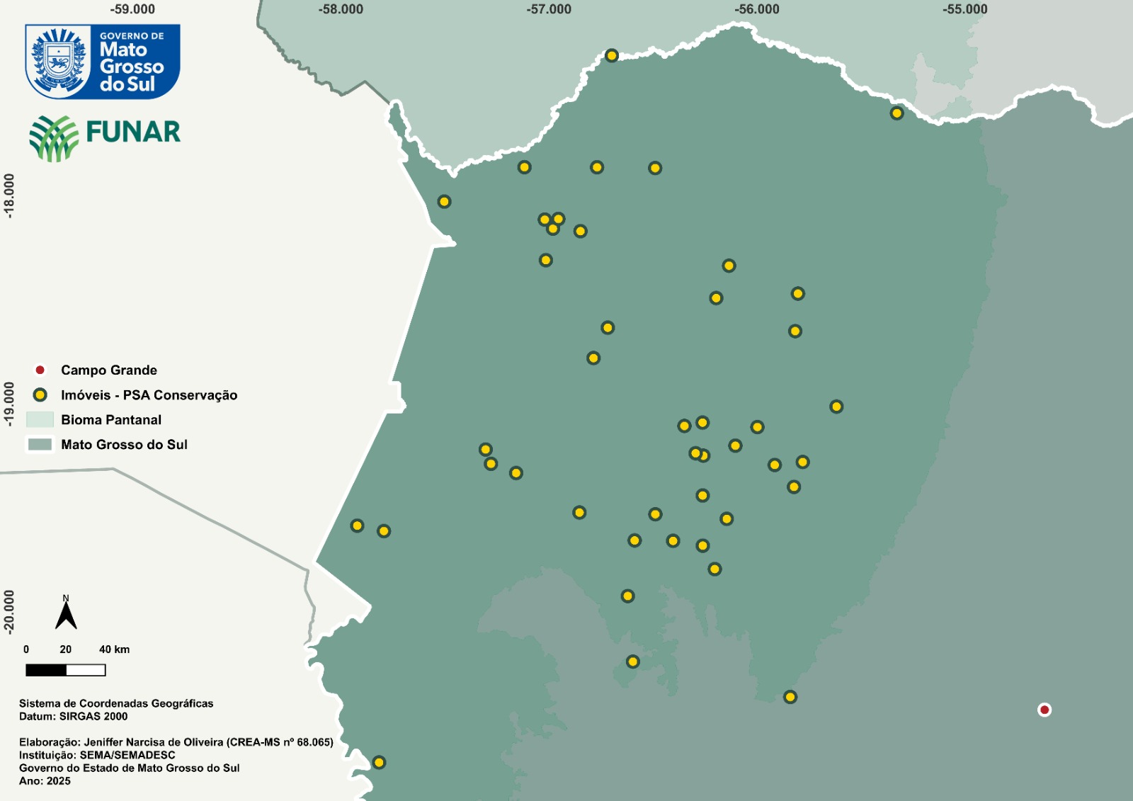 >Mapa com a localização das 45 propriedades rurais pantaneiras que foram contempladas no primeiro edital do PSA Pantanal
